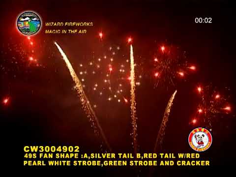 1.3G FIREWORKS: PC38 - 49S FAN SHAPE: A,SILVER TAIL B, RED TAIL W/RED PEARL WHITE STROBE, GREEN