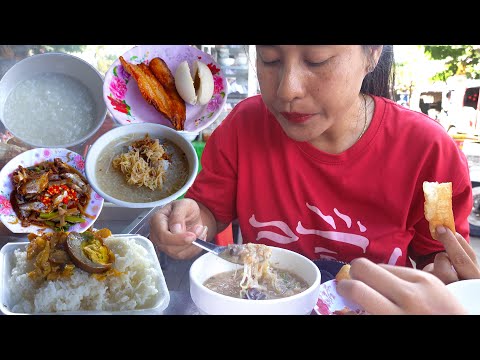 Cambodian Cheap Breakfast - Porridge, Braised Tinny Fish, Noodle Soup, And Pork Rice