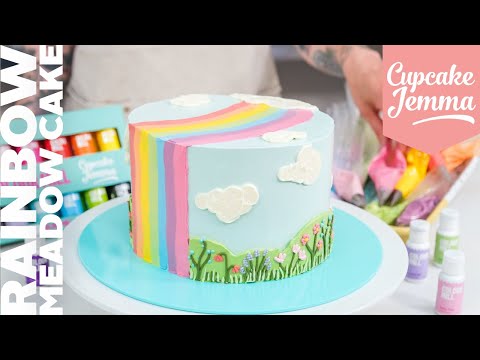 Rainbow Meadow Buttercream Cake Tutorial with recipe and colouring technique | Cupcake Jemma