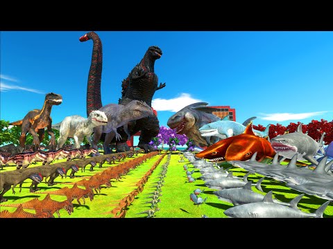 Dinosaurs revolt battle with Shin Godzilla + Indominus Rex + Giganotosaurus VS Team Megalodon Rex
