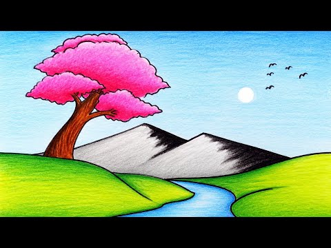 How to Draw Super Easy River Hills and Mountain Scenery | Scenery Drawing With Color Pencils