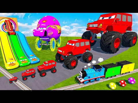 4 MONSTER TRUCKS vs Big & Small: Red Vizor vs Slide Colors with Logs vs Train - BeamNG.Drive