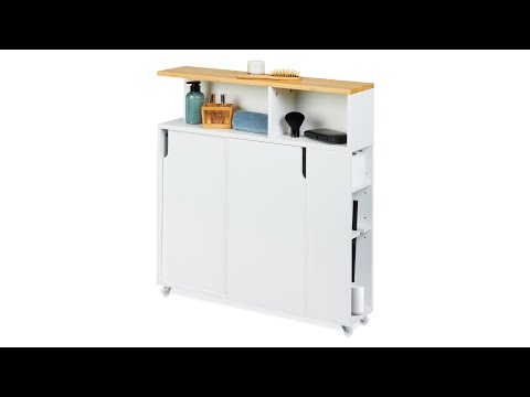 Badkamerkast smal met wielen bruin - wit - bamboe - plaatmateriaal op houtbasis - kunststof - 17 x 79 x 75 cm