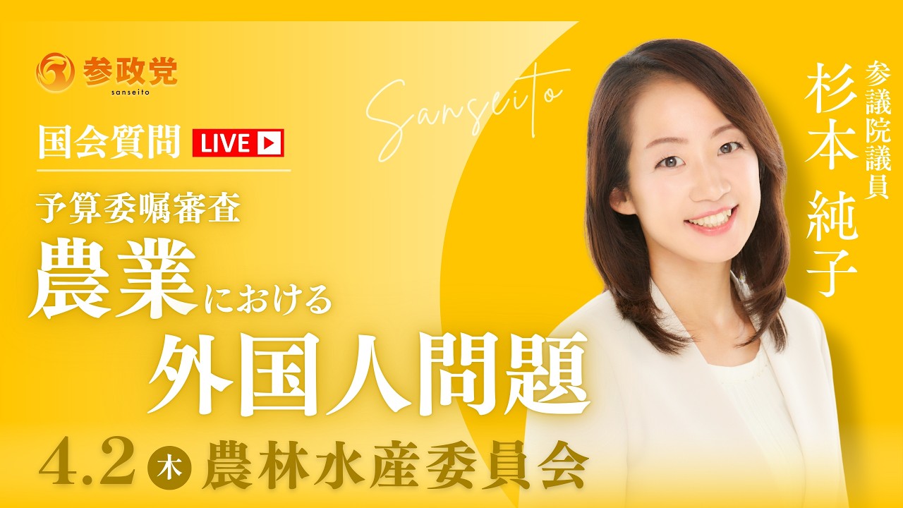 【国会中継】13:25～「予算委嘱審査：農業における外国人問題」 参議院議員 杉本純子 国会質疑 令和8年4月2日 参政党