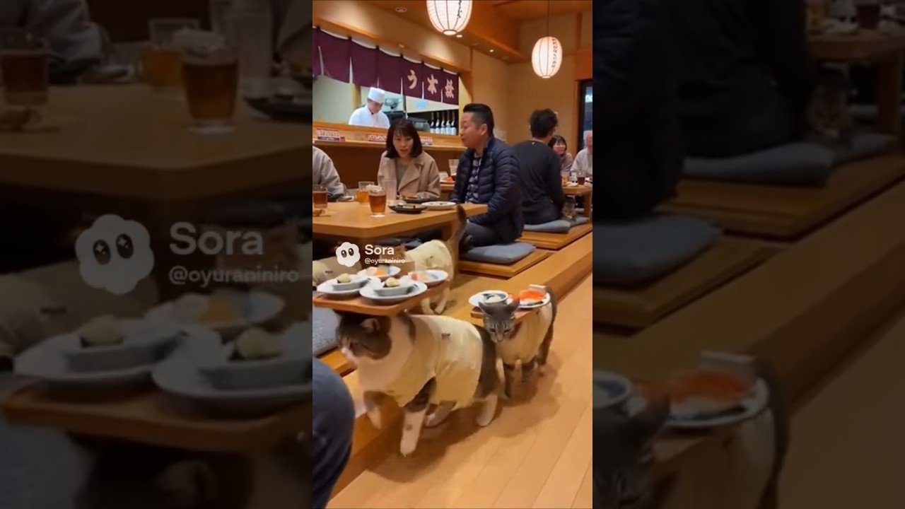 【AI動画】猫が料理を運んでいるレストラン #sora2 #sora #ai #ねこ #ねこ動画 #レストラン