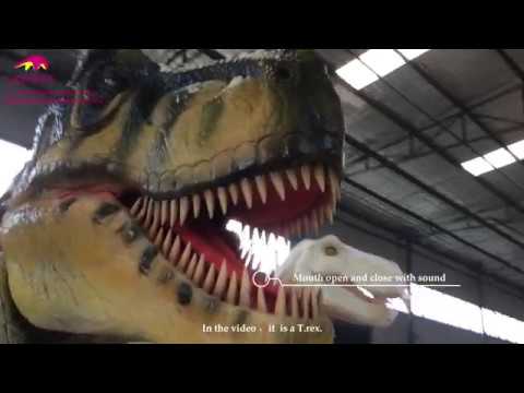 An animatronic t-rex with its big mouth open
