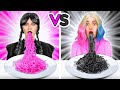 PINK VS BLACK FOOD CHALLENGE || Wednesday Adams VS Enid One Color Snacks Challenge by 123 GO!