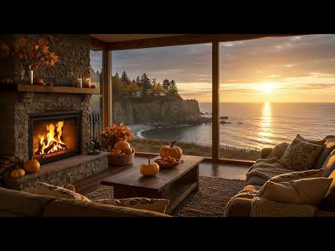 Cozy Autumn Fireplace Ambience 🍂🔥 | Oceanfront Sunset Views for Relaxation and Sleep