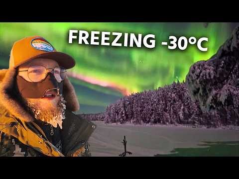 Camping under NORTHERN LIGHTS in -30C (Overnight in an Open Wilderness Hut)