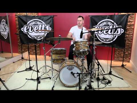 Evetts Spotted Gum Drum Kit Red Gum Exotic Veneer Smooth Satin 12/14/18/14