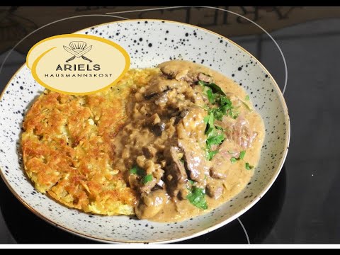 Züricher Geschnetzeltes mit Champignons dazu Kartoffelrösti, Geschnetzeltes Züricher Art,