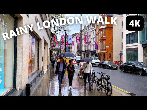 London Rain Walk in West End, Soho & Mayfair Streets ☔ | 4K HD | City Ambience