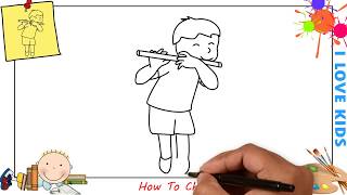 How to draw a boy playing flute EASY step by step for kids, beginners, children 1