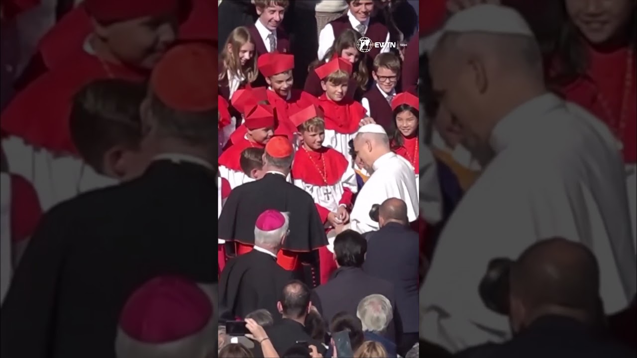 Pope Leo meets students of the mock conclave from Our Lady of Mount Carmel Academy in Chicago.
