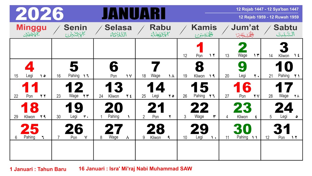 KALENDER TAHUN 2026 LENGKAP DENGAN HARI LIBUR NASIONAL