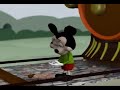 Mickey on the railway picking up stones. Down came the train and broke Mickey's bones