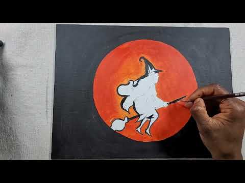 Halloween Madness: Witch Flying On a Broom Acrylic Painting.