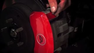 12181SCLSRD Front & Rear Disc Brake Caliper Covers Fits Select Dodge Challenger/Charger [Red w/Silver Challenger (Cursive)] - video thumbnail 2