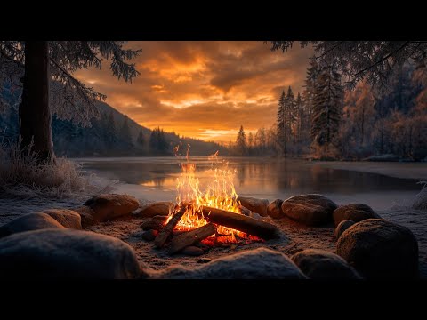Winter Sunset Campfire by the Lake 🔥 Crackling Fire Sounds and Cold Nature Ambience