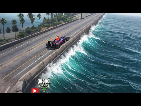 Driving F1 car over narrow sea bridge , GTA 5 Parkour race