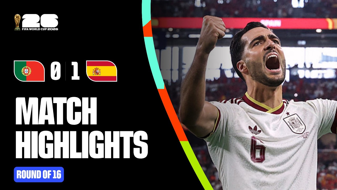 Highlights from Portugal 0-1 Spain, FIFA World Cup 2026 Round of 16, showing the decisive late goal that ended Cristiano Ronaldo's World Cup career