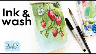 Ink & wash watercolor strawberries sketchbook tutorial