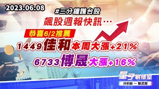 【量子戰情室】#陳武傑 0608 #三分鐘護台股 飆股週報快訊…恭喜6/2推薦1449佳和本周大漲+21%/6733博晟大漲+16% (圖)