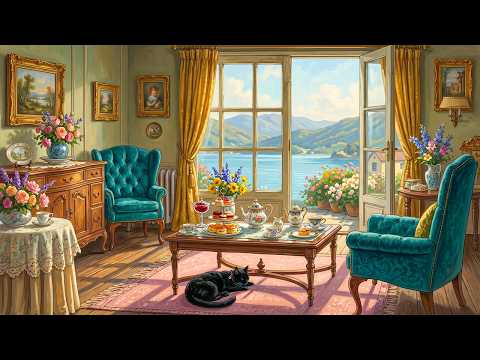 Nostalgic Vintage Music 1940s Playing in Another Room by a Peaceful Lakeside on a Sunny Spring Day