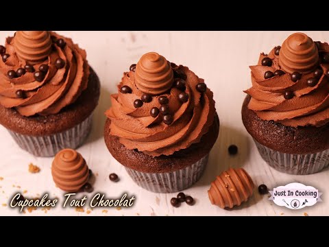 Easter chocolate cupcakes with praline center and whipped ganache