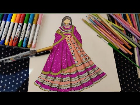Mirror work lehanga sketching with Brush pen |indian lehanga sketching| |chesta Designs|