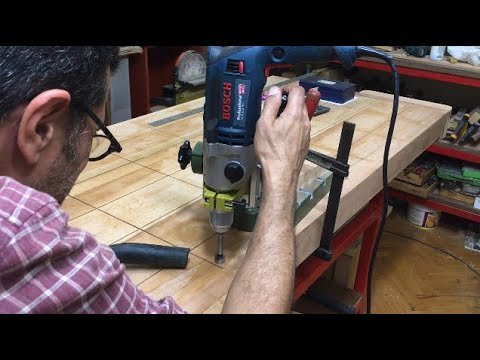 Drilling the bench dog holes with Proxxon BFB 2000 drill stand and Bosch GSB 21-2 RCT hand drill