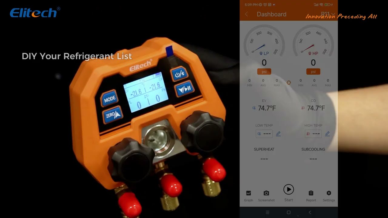 Elitech DMG-4B Digital Manifold Gauge App Control AC Gauges, Mechanical Manifold Gauge.