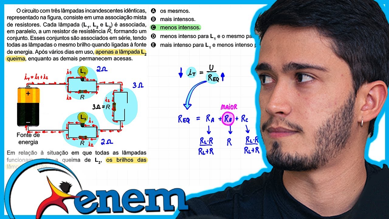 ENEM 2023 - O circuito com três lâmpadas incandescentes idênticas, representado na figura, consiste