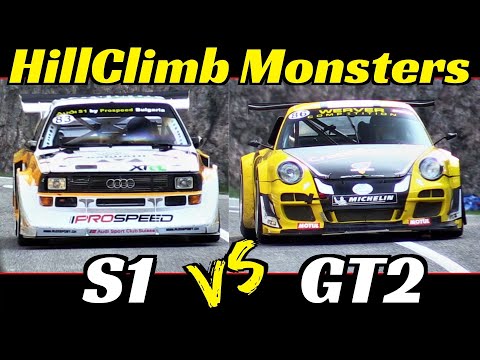 Audi Sport Quattro S1 vs Porsche 997 GT2 - So different but same final time! - Hillclimb Monsters