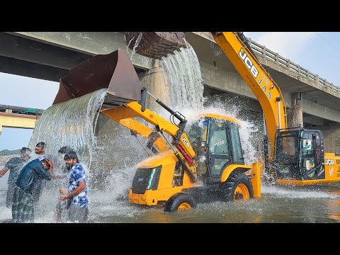 Washing JCB 215 Excavator and JCB 3DX with Driver take Blissful bath together in Thamirabarani River