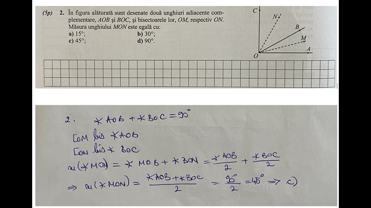 In figura alaturata sunt desenate doua unghiuri adiacente complementare, AOB si BOC