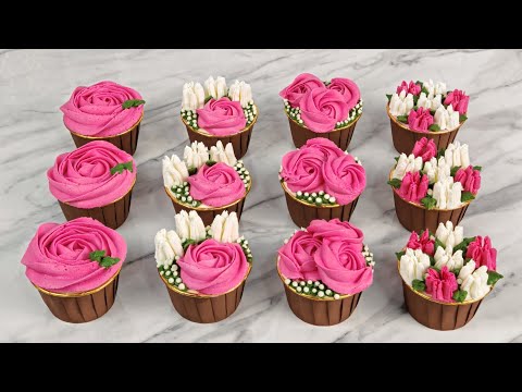 How to make Easy Buttercream Decorating Flower Cupcake Piping Technique Tutorial @amnaadilrecipes