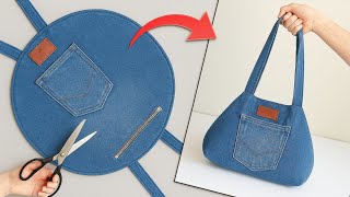 Cutest half-moon bag from old jeans👖 Easy & budget DIY! Sew your fave shoulder bag today
