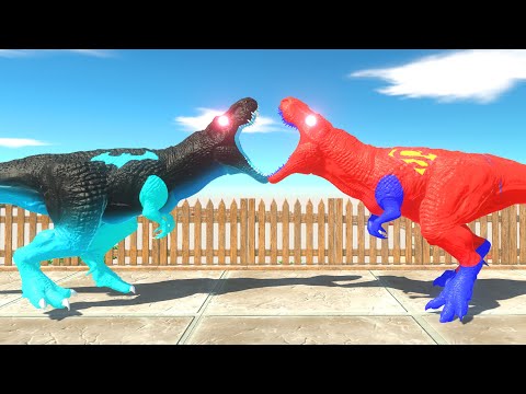 DINOSAURUS T-REX BLUE vs Red SUPERMAN T-REX DEATH RUN - Animal Revolt Battle Simulator ARBS