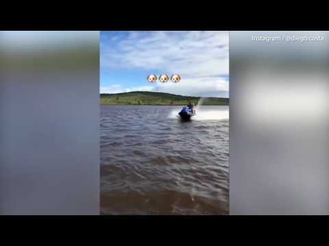 Hilarious moment Diego Costa and a DOG zoom off on a jet ski