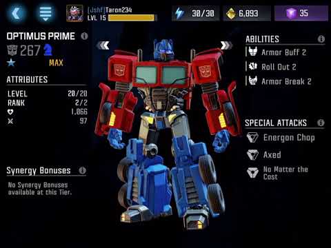 Transformers forged to fight 1 star Optimus Prime: Special Attacks, Abilities and Synergy Bonuses