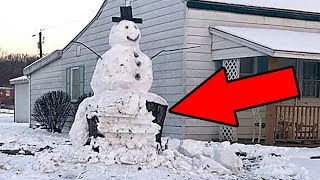 Вандал попытался на машине снести БОЛЬШОГО СНЕГОВИКА! Но снеговик ответил!