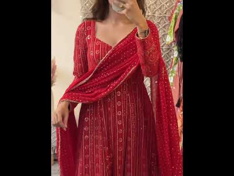 Maroon Designer Faux Blooming Embroidered Gown Set with 3mm Sequins, Zari Work, Matching Pant & Faux Georgette Dupatta – Fully Stitched Festive & Party Wear