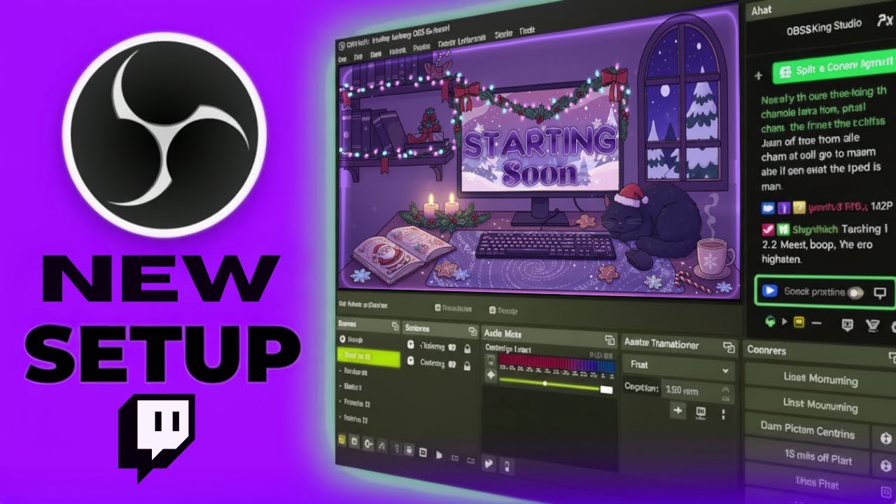 Christmas Snow Cat  Animated Twitch Overlay Pack (Dark Theme) | Stream Package (Digital Download)