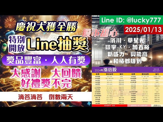 01/13【甜心盤後影音】恭賀～去年29檔漲倍股，濱川．華星光．環宇-KY．加百裕．新盛力．興能高．和椿都賺到！滴答滴答～倒數計時