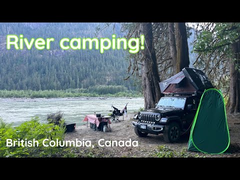 Camping riverside, Jeep wrangler overland trip.(ikamper mini rooftop tent)