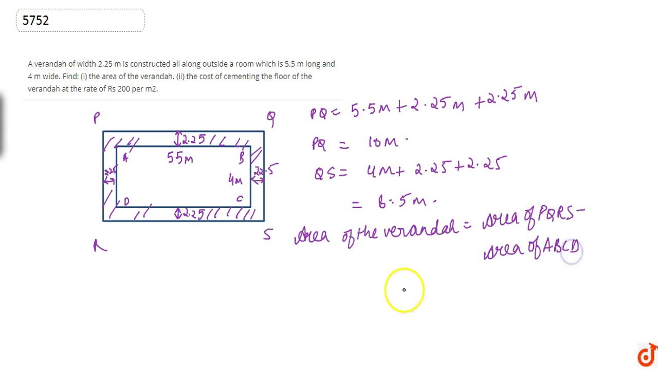 A verandah of width 2.25 m is constructed all along outside a room which is 5.5 m long and 4 m w...