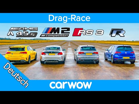 AMG A45S v BMW M2 v Audi RS3 v VW Golf R: Drag-Race & Bremstest
