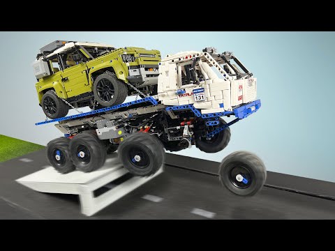 Land Rover Defender on Truck vs Ramps - Lego Technic Cars CRASH