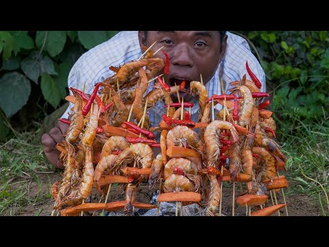 BBQ Shrimp with Vegetable Recipe in Village - Cooking Shrimp Food Style